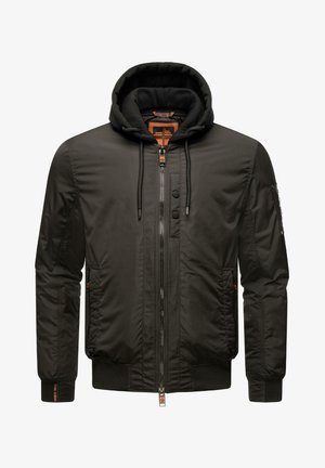 Mustat pehmustetut takit hupulla, jossa on etuvetoketju, napit, sivutaskut ja ribbatut hihansuut. Sileä pinta, jossa on kontrastivärinen sisähuppu.