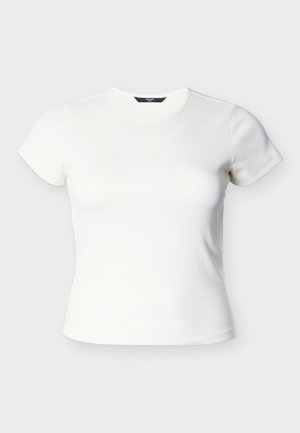 Tricou alb cu mâneci scurte, din material tip reiat. Decolteu rotund, croială conică, textură fină, design minimalist, fără logo-uri sau modele vizibile.