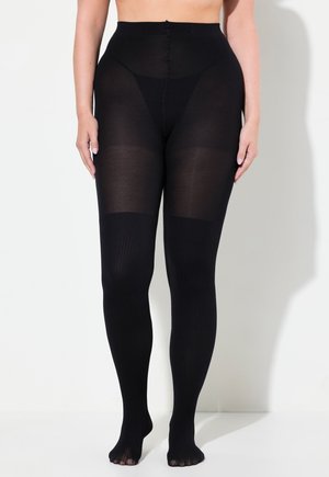 Schwarze Strumpfhosen mit gerippter Textur, hoher Taille und fusselfreiem Design, die transparente und opake Abschnitte für einen einzigartigen visuellen Kontrast aufweisen.