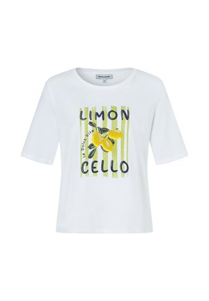 Weißes kurzärmeliges Hemd mit grünen vertikalen Streifen, drei gelben Zitronen mit Blättern und den Texten "LIMON CELLO" und "la Dolce Vita" auf der Vorderseite.