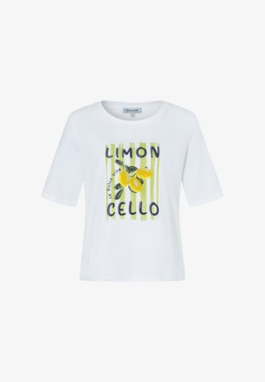 Wit shirt met korte mouwen met groene verticale strepen, drie gele citroenen met bladeren, en tekst "LIMON CELLO" en "la Dolce Vita" op de voorkant.