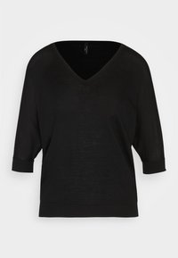 Czarny sweter w serek z krótkimi, zrolowanymi rękawami. Wykonany z lekkiego, lekko prześwitującego materiału. Prosty design, bez wzorów czy ozdób.