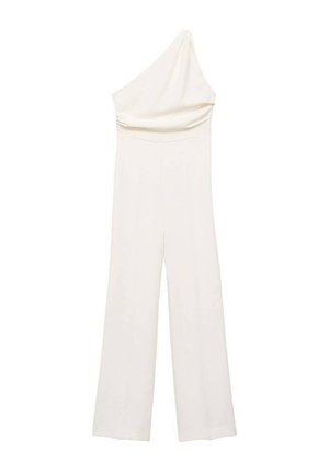 Mono-hombro, mono crema con un corsé ajustado y pantalones de pierna ancha. Confeccionado en una tela suave con costuras mínimas y un suave caído.