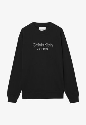 Schwarzes Sweatshirt mit langen Ärmeln, vorne mit weiß besticktem "Calvin Klein Jeans" Schriftzug und kleinem "ck" Logo am linken Ärmelbündchen.