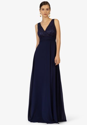 Marineblaues Maxikleid mit einem strukturierten Spitzenoberteil, V-Ausschnitt und fließendem Rock. Verfügt über eine taillierte Taille und eine elegante Silhouette.