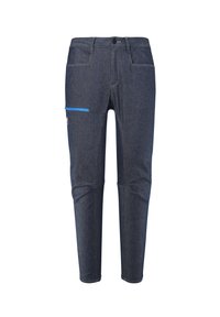 Ciemnoniebieskie dżinsy o dopasowanym kroju, z boczną kieszenią z niebieskimi akcentami i kontrastowym przeszyciem. Gładka tekstura, klasyczny design.