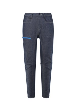 Dunkelblaue Denim-Hose mit Slim-Fit, ausgestattet mit einer Seitentasche mit blauen Akzenten und kontrastierendem Nähen. Glatte Textur, klassisches Design.