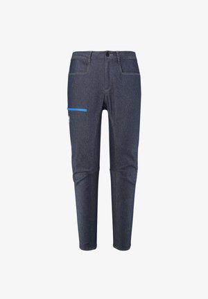 Dunkelblaue Denim-Hose mit Slim-Fit, ausgestattet mit einer Seitentasche mit blauen Akzenten und kontrastierendem Nähen. Glatte Textur, klassisches Design.