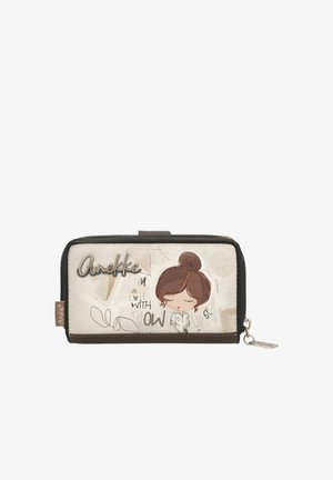 Geldbörse mit einer Illustration eines Mädchens, "Anekke"-Schriftzug, hellbeigem Hintergrund, braunem Rand und Reißverschluss mit silbernem Zipper.
