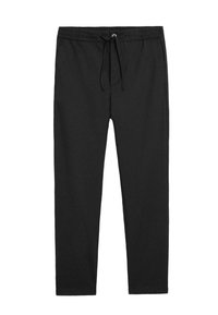 Pantaloni jogger neri in cotone con vita elastica e coulisse, dotati di tasche laterali e design con gamba affusolata. Texture liscia.