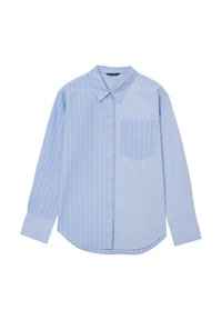 Camicia azzurro chiaro a maniche lunghe con strisce bianche verticali, colletto a punta e taschino a sinistra. Tessuto dalla consistenza liscia.