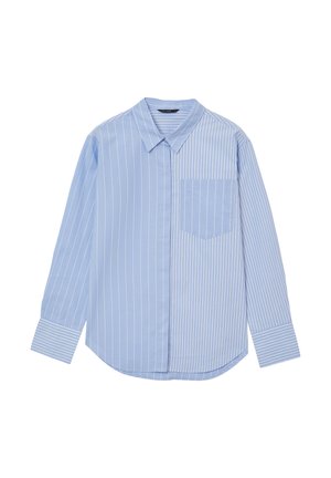 Light blue long-sleeve shirt featuring vertical white stripes, a pointed collar, and a chest pocket on the left side. Smooth fabric texture.
