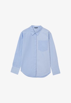 Light blue long-sleeve shirt featuring vertical white stripes, a pointed collar, and a chest pocket on the left side. Smooth fabric texture.
