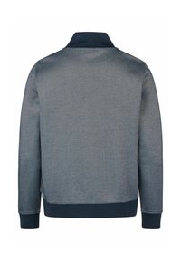 Heren grijze sweatshirt met lange mouwen, voorzien van donkere boorden, een tailleband en een kraag, weergegeven vanaf de achterkant tegen een witte achtergrond.