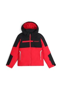Red and black ski jacket with a hood, featuring a front zipper, two side pockets, and reflective accents on sleeves and body.