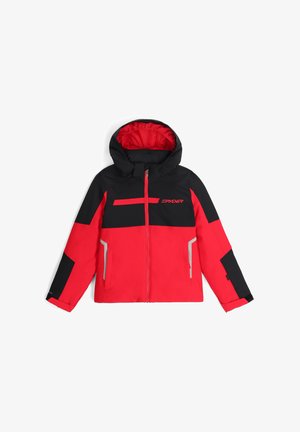 Rot schwarze Skijacke mit Kapuze, ausgestattet mit einem Reißverschluss vorne, zwei seitlichen Taschen und reflektierenden Akzenten an Ärmeln und Körper.