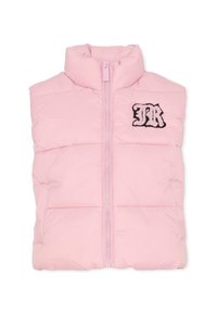 Gilet imbottito rosa realizzato in nylon, con colletto alto, chiusura frontale con zip e logo ricamato "JR" sul petto.