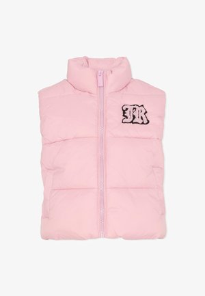 Gilet imbottito rosa realizzato in nylon, con colletto alto, chiusura frontale con zip e logo ricamato "JR" sul petto.