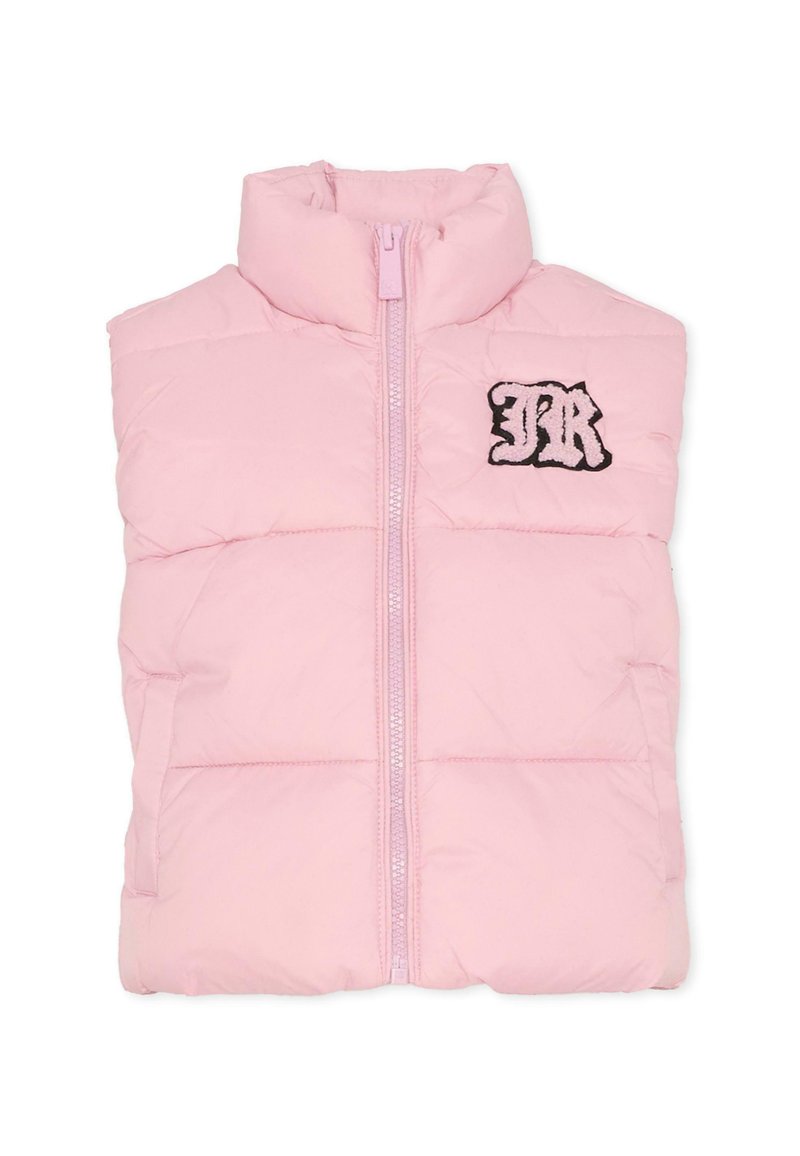 Gilet imbottito rosa realizzato in nylon, con colletto alto, chiusura frontale con zip e logo ricamato "JR" sul petto.