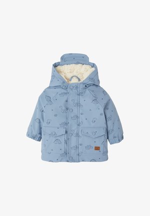 Blaue Kinderjacke mit Dinosaurierprints, fleecegefütterter Kapuze, vorderen Druckknöpfen, zwei Klappentaschen und elastischen Bündchen.