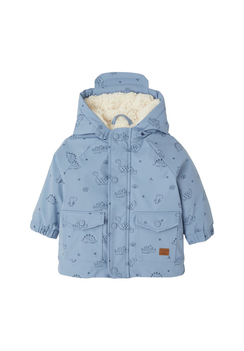 Blaue Kinderjacke mit Dinosaurierprints, fleecegefütterter Kapuze, vorderen Druckknöpfen, zwei Klappentaschen und elastischen Bündchen.
