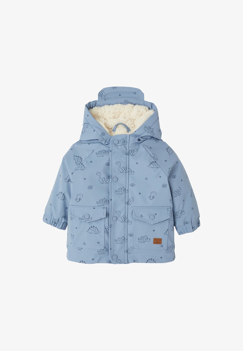 Blaue Kinderjacke mit Dinosaurierprints, fleecegefütterter Kapuze, vorderen Druckknöpfen, zwei Klappentaschen und elastischen Bündchen.