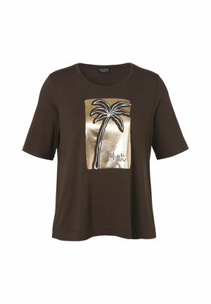Dark brown short-sleeve shirt with a metallic gold rectangular panel featuring a black and white palm tree graphic and cursive text.