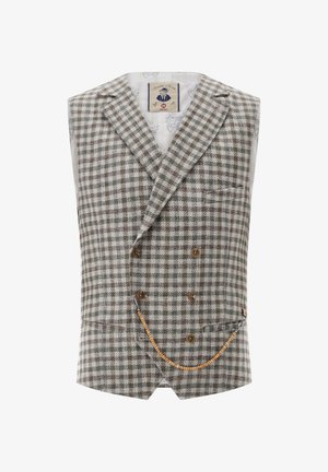 Gray and brown checkered vest with double-breasted design, notched lapels, front pocket, and decorative chain with beads.