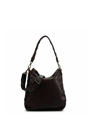 Borsa a tracolla in pelle marrone scuro con tracolla regolabile e staccabile e dettagli in ottone su bordi e attacchi.