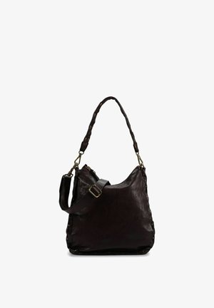 Borsa a tracolla in pelle marrone scuro con tracolla regolabile e staccabile e dettagli in ottone su bordi e attacchi.