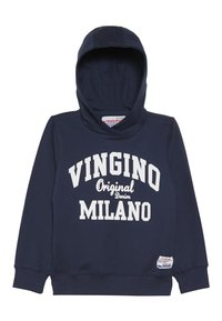 Sudadera con capucha de color azul marino, confeccionada con tela suave, que presenta un texto gráfico blanco "VINGINO Original Denim MILANO" y una etiqueta en el dobladillo.