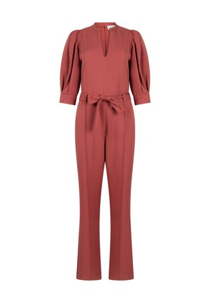 Geweven jumpsuit in roestkleur met pofmouwen tot onder de elleboog, diepe V-hals, aangesloten taille met een gestrikte ceintuur en rechte pijpen.