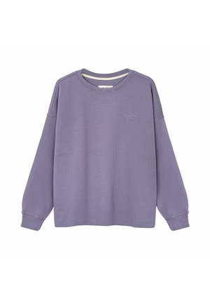 Lawendowa koszulka z dzianiny wafelkowej z długim rękawem, okrągłym dekoltem i subtelnym, haftowanym logo na lewej piersi.