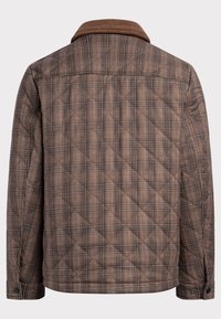 Veste matelassée marron à motif à carreaux et col en velours côtelé, avec poignets boutonnés, vue de dos.