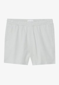 Light gray shorts made of soft fabric, featuring an elastic waistband, two side pockets, and a simple, unembellished design.
