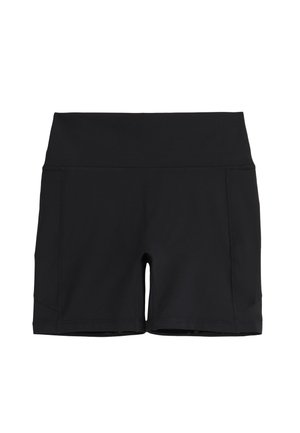 Shorts de sport noirs taille haute avec coutures plates et poches latérales, présentés sur fond blanc.