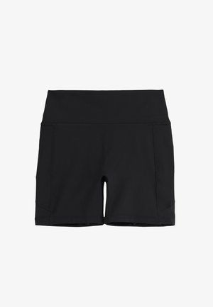 Shorts de sport noirs taille haute avec coutures plates et poches latérales, présentés sur fond blanc.