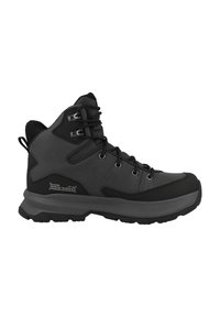 Bota de senderismo negra con upper de tela texturizada, puntera reforzada, ojales metálicos y suela de goma rugosa para tracción.