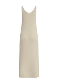 Strick, ärmelloses Kleid in Creme mit V-Ausschnitt und geradem Schnitt, das einen dezenten Schimmereffekt aufweist.
