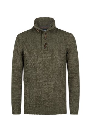 Olijfgroene gebreide trui met een hoge kraag, decoratieve knoopdetails en textuurpatronen langs de voorkant en mouwen.