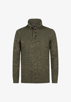 Olijfgroene gebreide trui met een hoge kraag, decoratieve knoopdetails en textuurpatronen langs de voorkant en mouwen.