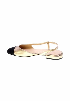 Scarpa piatta slingback dorata con punta nera appuntita e tacco basso a blocchetto su sfondo bianco.
