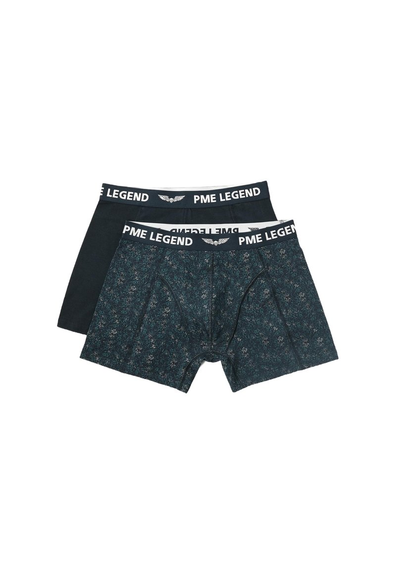 Deux paires de boxers PME Legend. Une noire unie, l'autre sombre avec un motif floral. Dispose d'une ceinture élastique blanche avec logo.