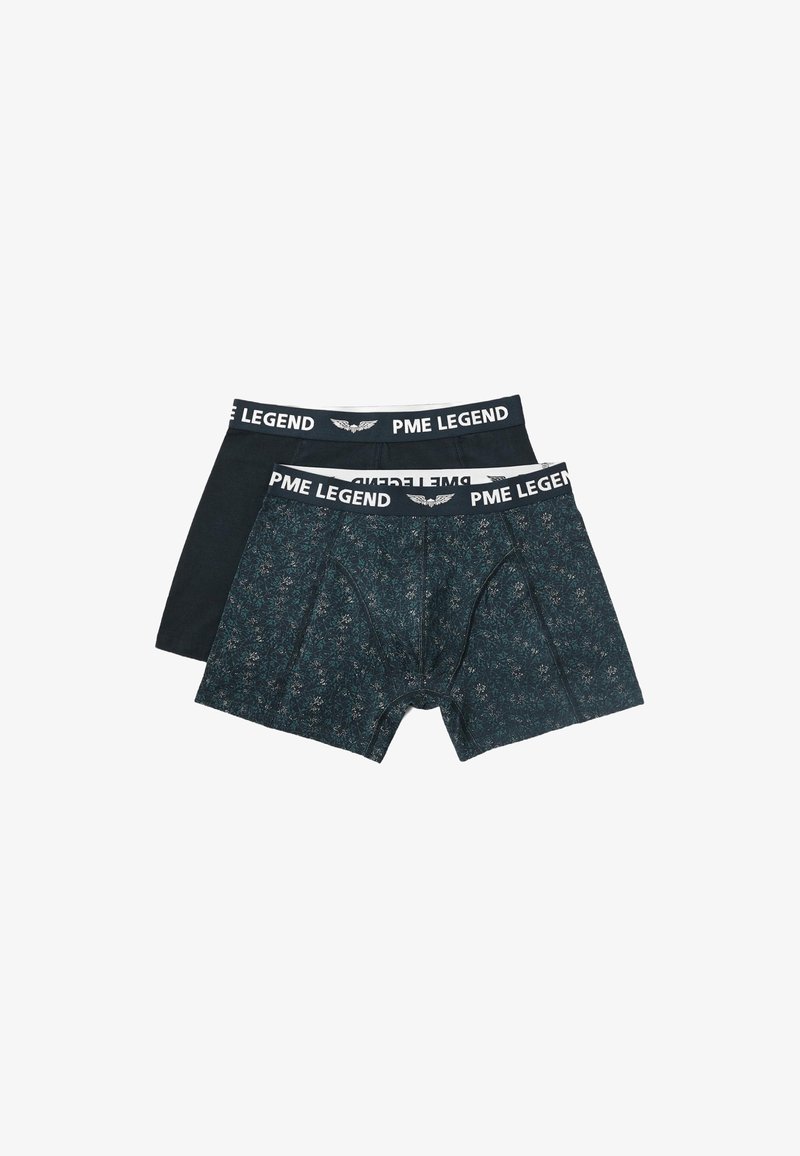 Two pairs of PME Legend boxer shorts. One solid black, the other dark with a floral pattern. Features a white elastic waistband with logo.