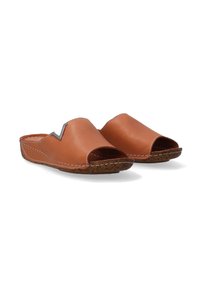 Braune Leder-Sandalen mit offenen Zehen und einem gebogenen Oberdesign, kontrastierender dunkler Zehenkappe und gesteppten Details an den Seiten.