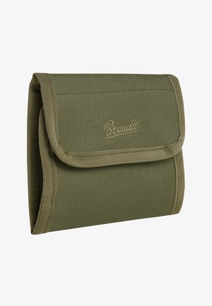 Grünes Stoffportemonnaie mit strukturiertem Oberflächen, gefaltetem Design und gesticktem Brandit-Logo. Verfügt über einen sicheren Klappverschluss und verstärkte Kanten.