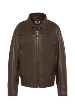 Donkerbruine leren herenjas met rits aan de voorkant, elastische tailleband, kraag en zijzakken, voorzien van een Schott-label aan de binnenkant van de kraag.