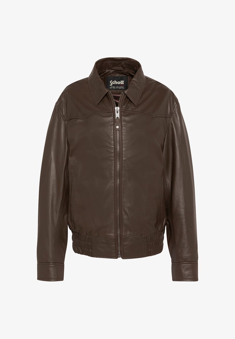 Veste en cuir marron foncé pour homme avec fermeture éclair frontale, ceinture élastique, col et poches latérales, estampillée avec l'étiquette Schott à l'intérieur du col.