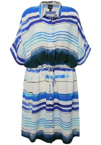 Vestido de botón en tejido ligero con rayas horizontales en azul y verde azulado, cintura elástica con cordón ajustable y mangas cortas.