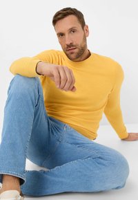 Gelber gestrickter Pullover mit langen Ärmeln und rundem Halsausschnitt, kombiniert mit hellblauen Jeans. Sitzende Pose vor einem schlichten Hintergrund.